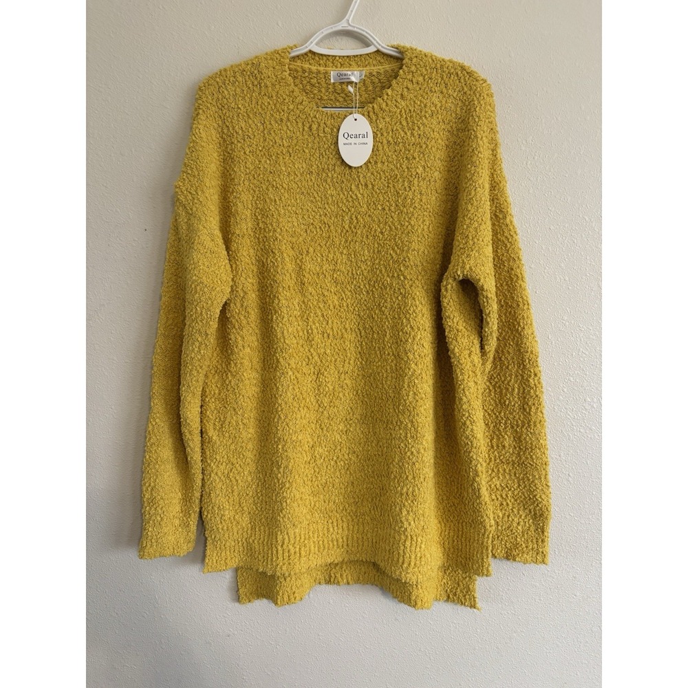 Qearal Womens Yellow Popcorn Knit Sweater Size L Oversized Soft Tunic NWT